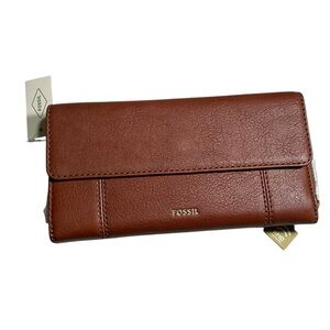 Fossil Jodi Flip Clutch RFID brown pebbled leather Wallet. NWT.